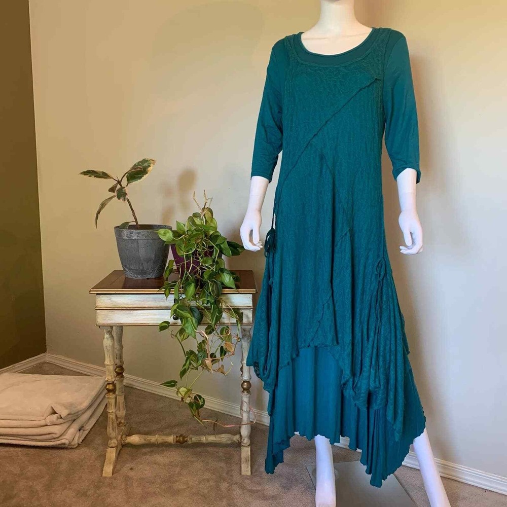Yashi Layered Boho Dress Women's Medium‎ Teal Lace 2 Piece 3/4 Sleeve (1305)
